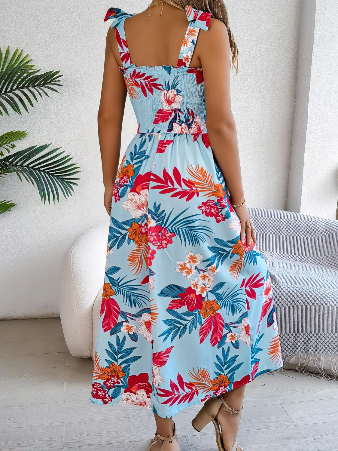 Smocked Floral Tie Shoulder Midi Dress.