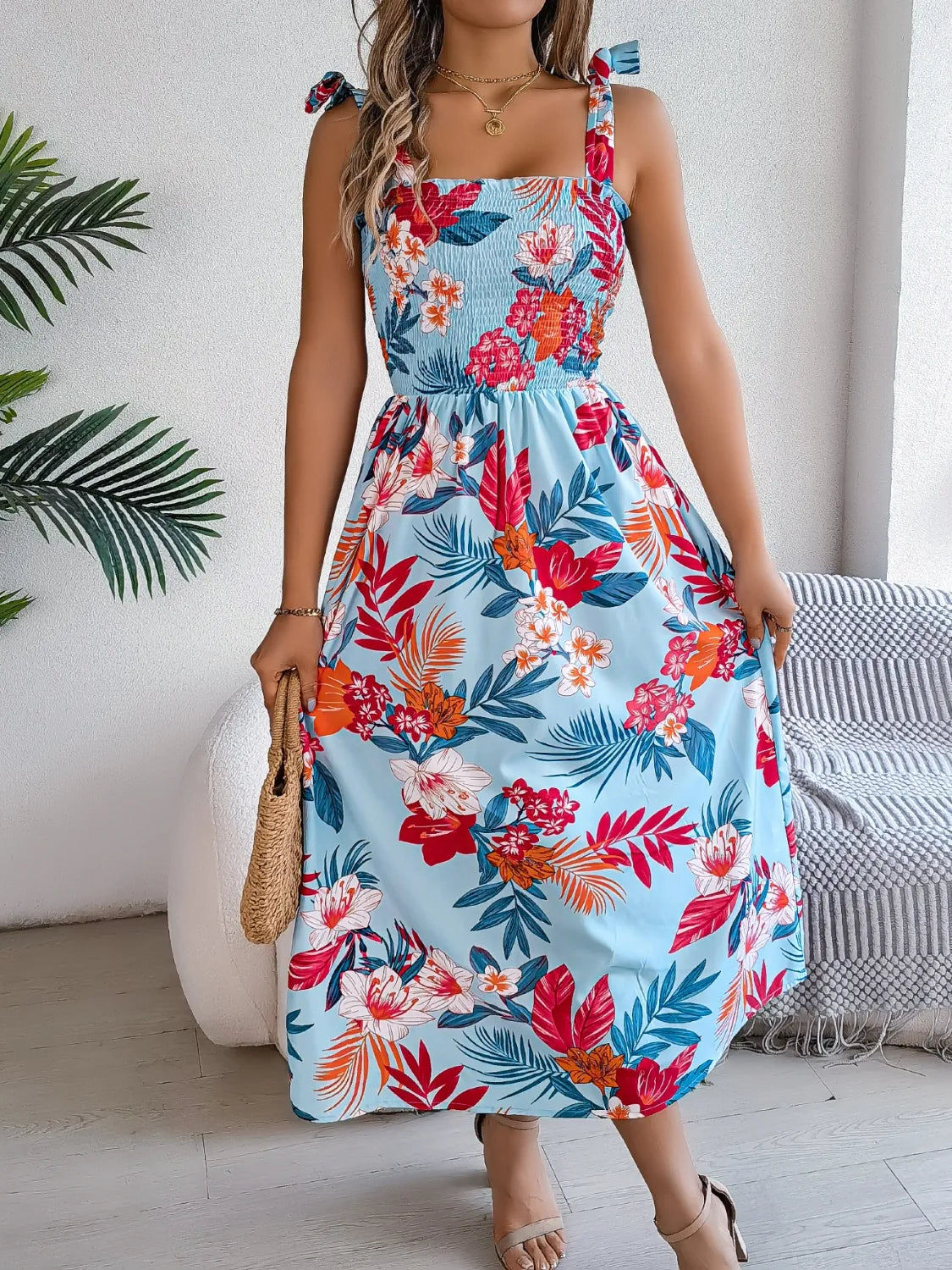 Smocked Floral Tie Shoulder Midi Dress.