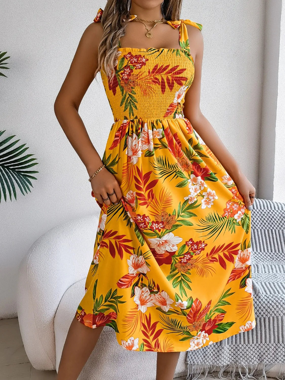 Smocked Floral Tie Shoulder Midi Dress.