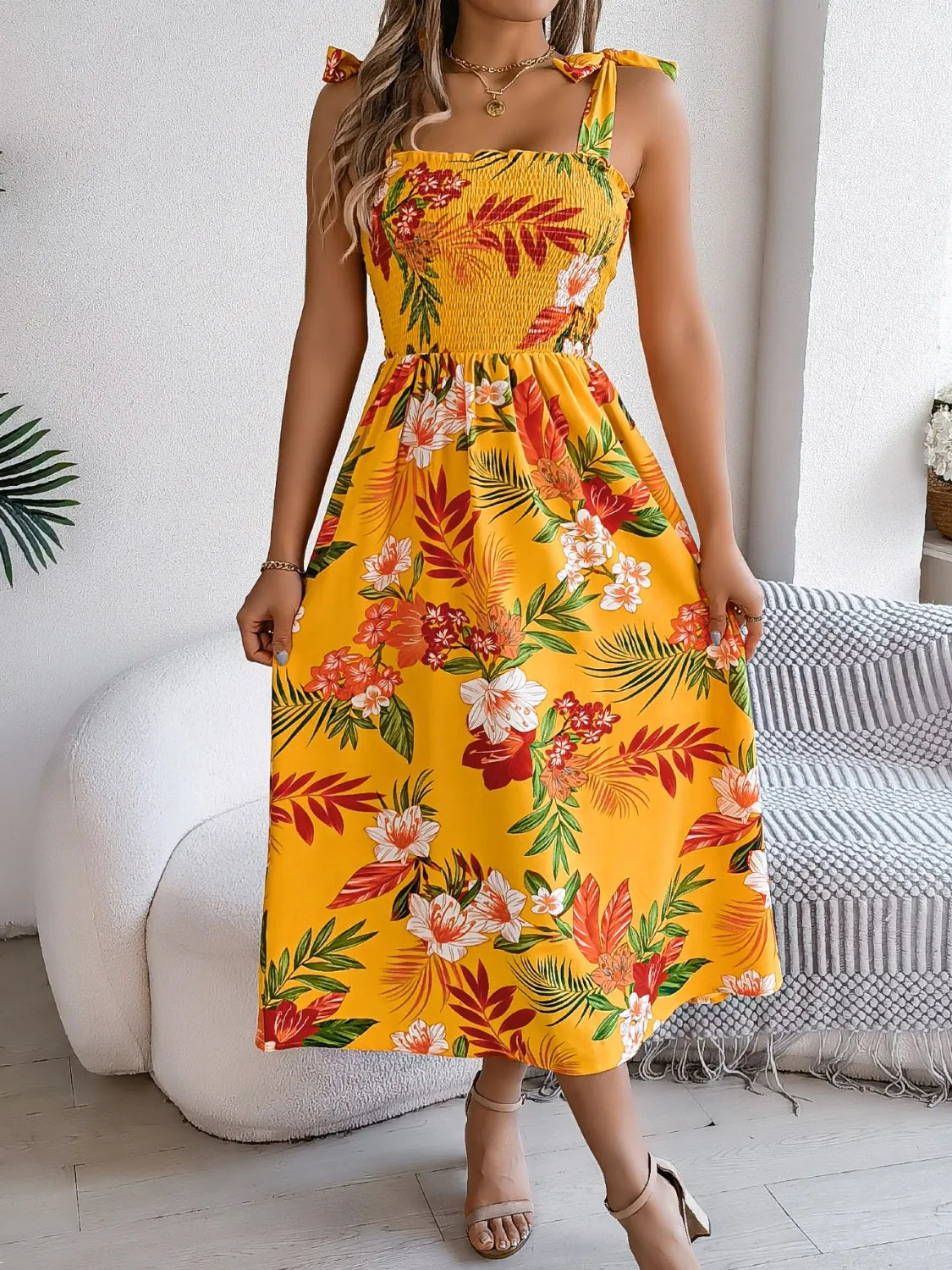 Smocked Floral Tie Shoulder Midi Dress.