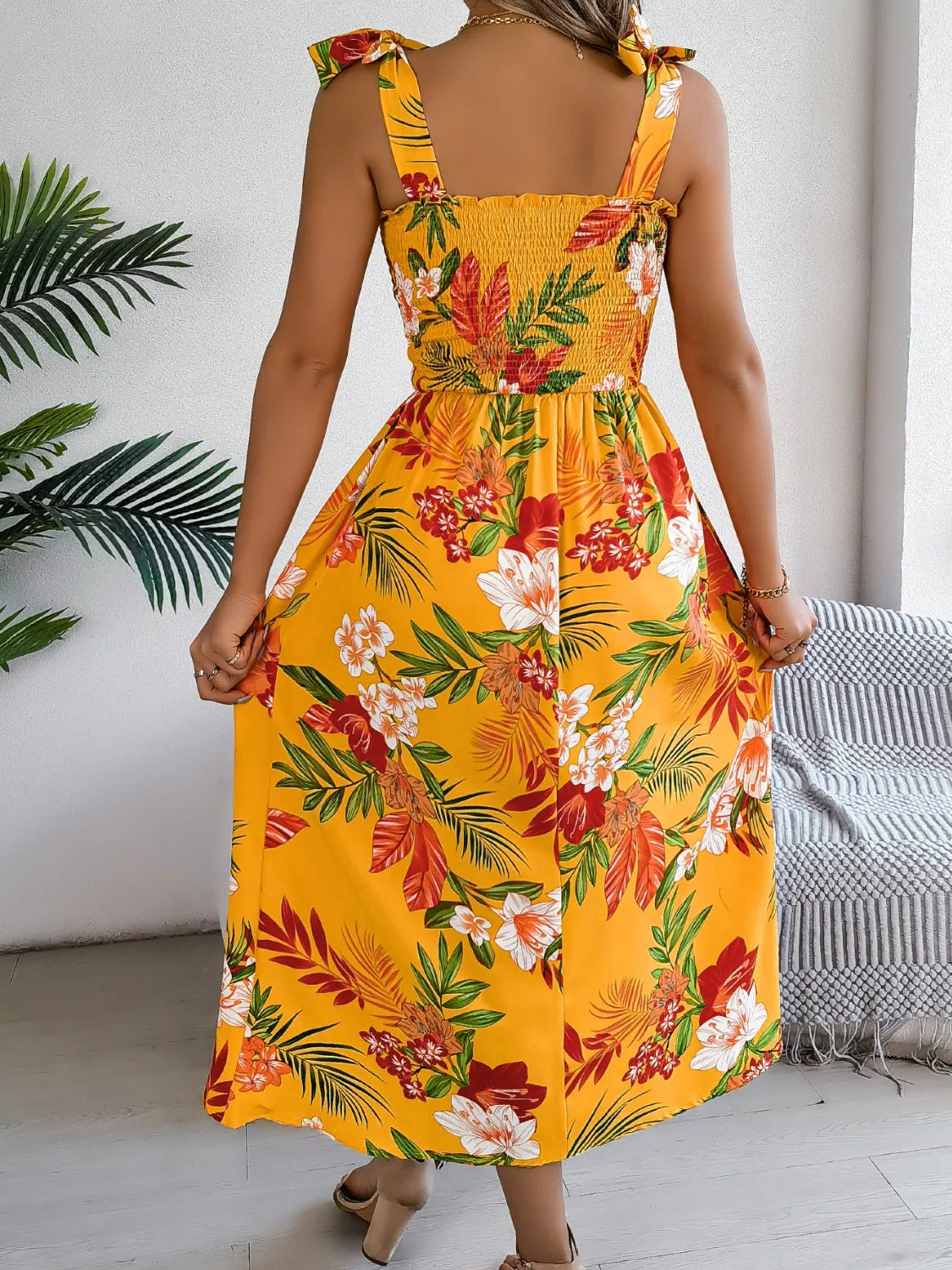 Smocked Floral Tie Shoulder Midi Dress.