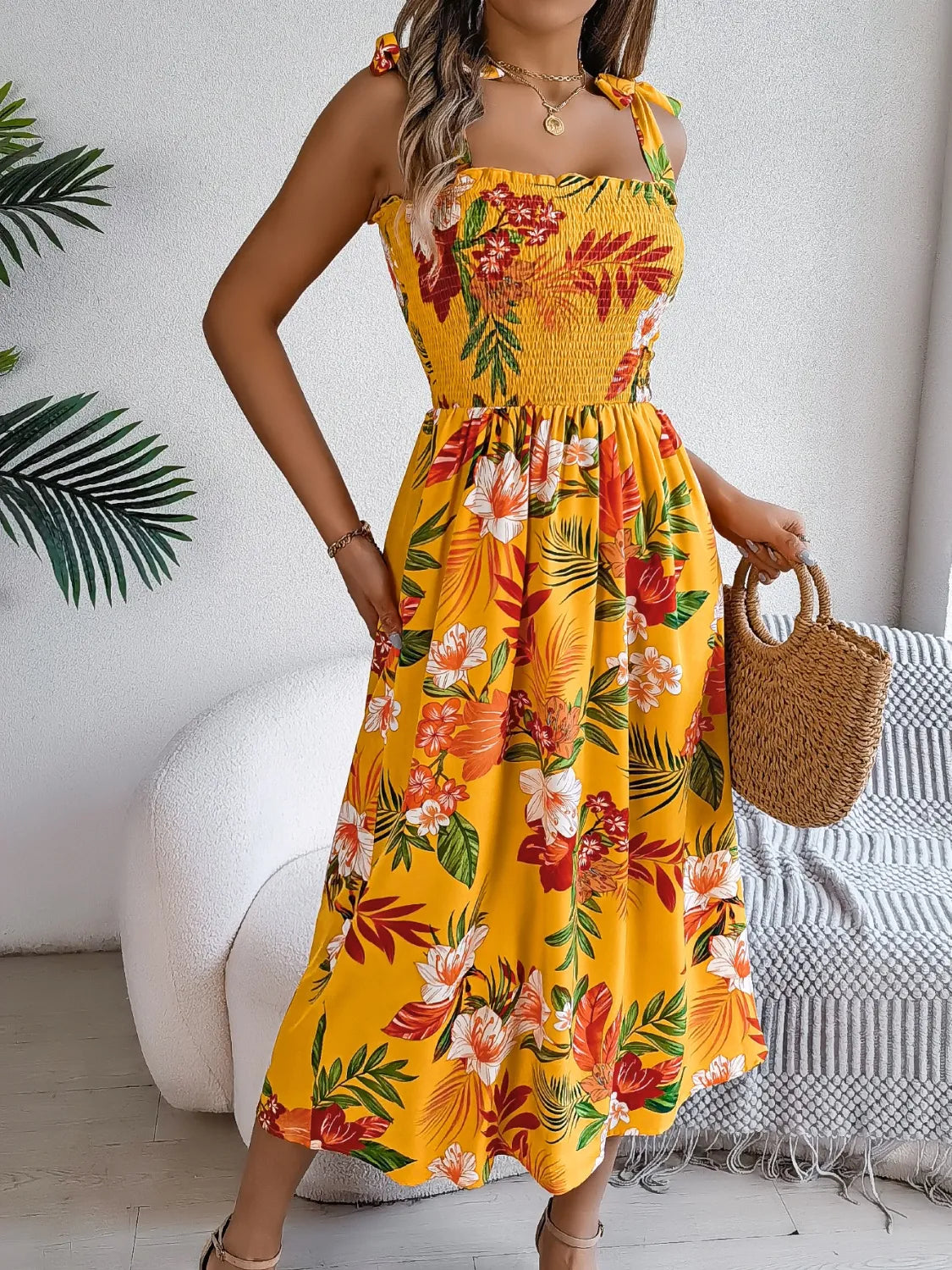 Smocked Floral Tie Shoulder Midi Dress.