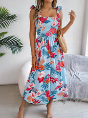 Smocked Floral Tie Shoulder Midi Dress.