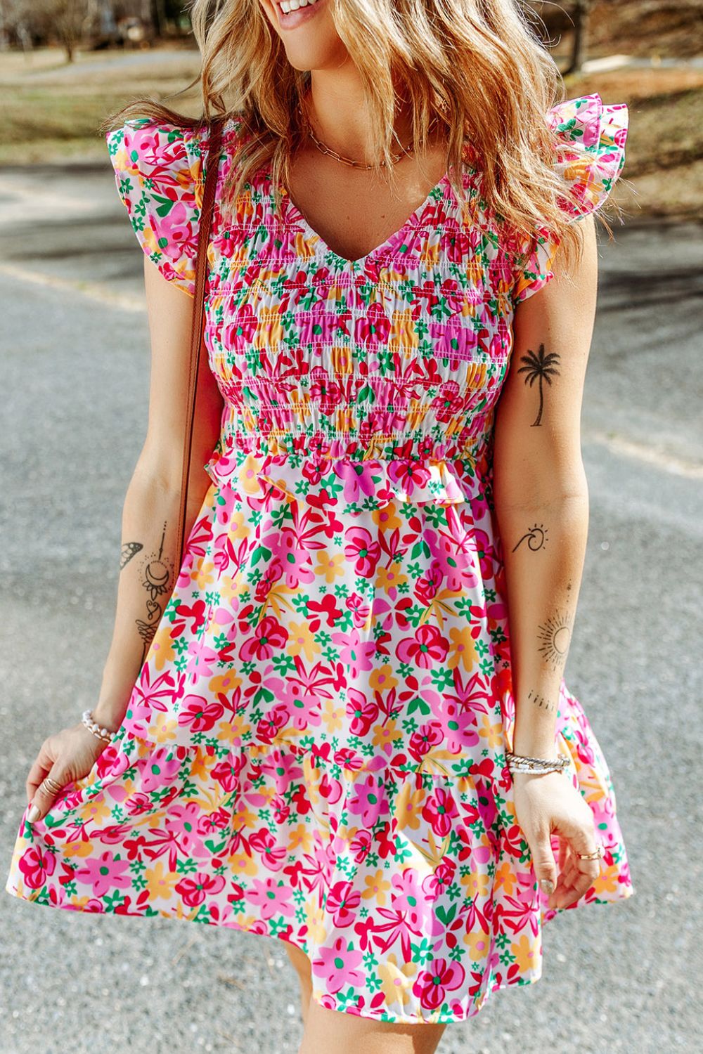 Smocked Floral V-Neck Ruffled Cap Sleeve Dress.