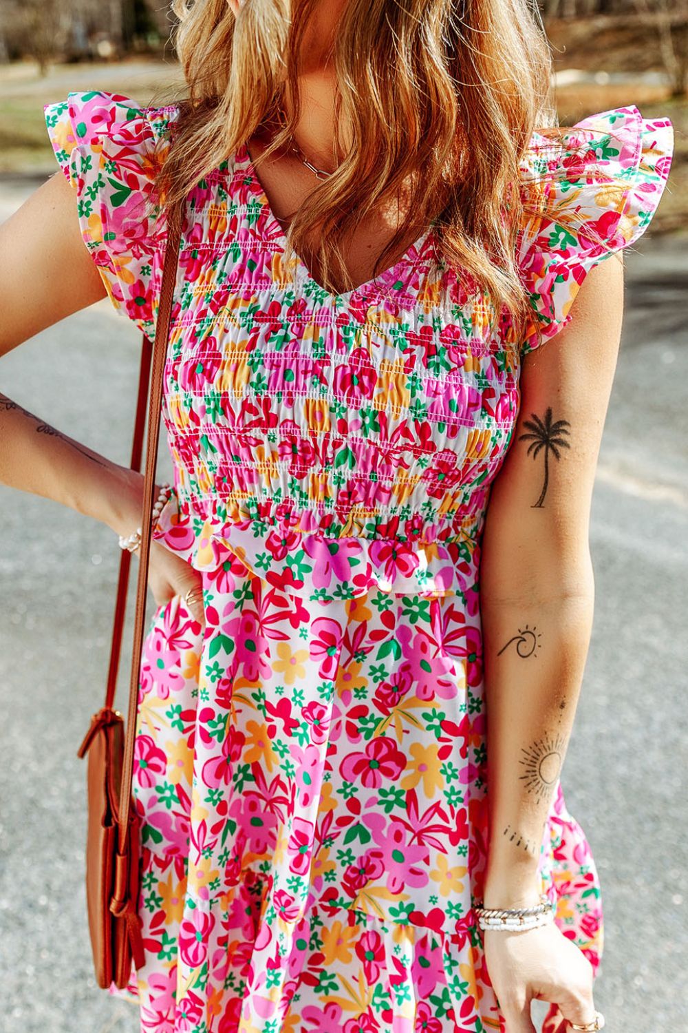 Smocked Floral V-Neck Ruffled Cap Sleeve Dress.
