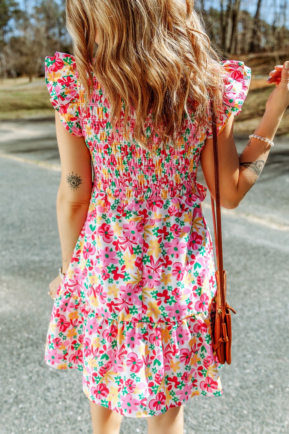 Smocked Floral V-Neck Ruffled Cap Sleeve Dress.