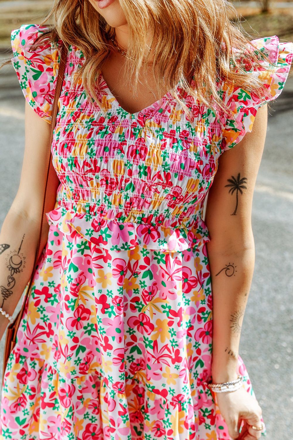 Smocked Floral V-Neck Ruffled Cap Sleeve Dress.