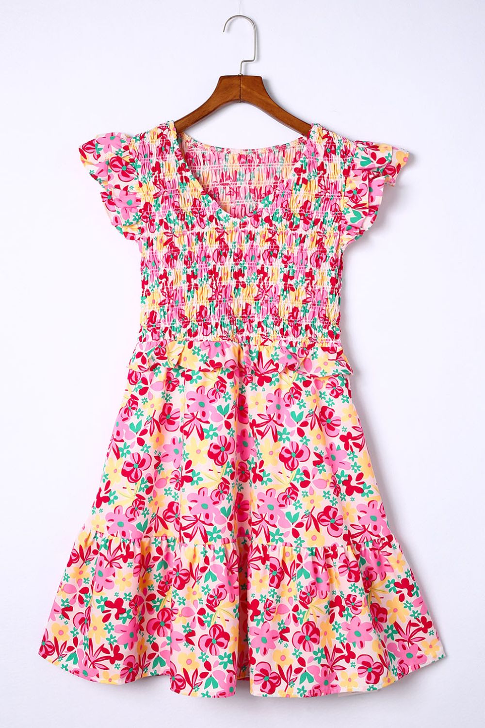 Smocked Floral V-Neck Ruffled Cap Sleeve Dress.