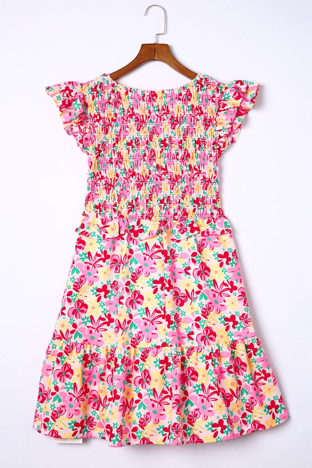 Smocked Floral V-Neck Ruffled Cap Sleeve Dress.