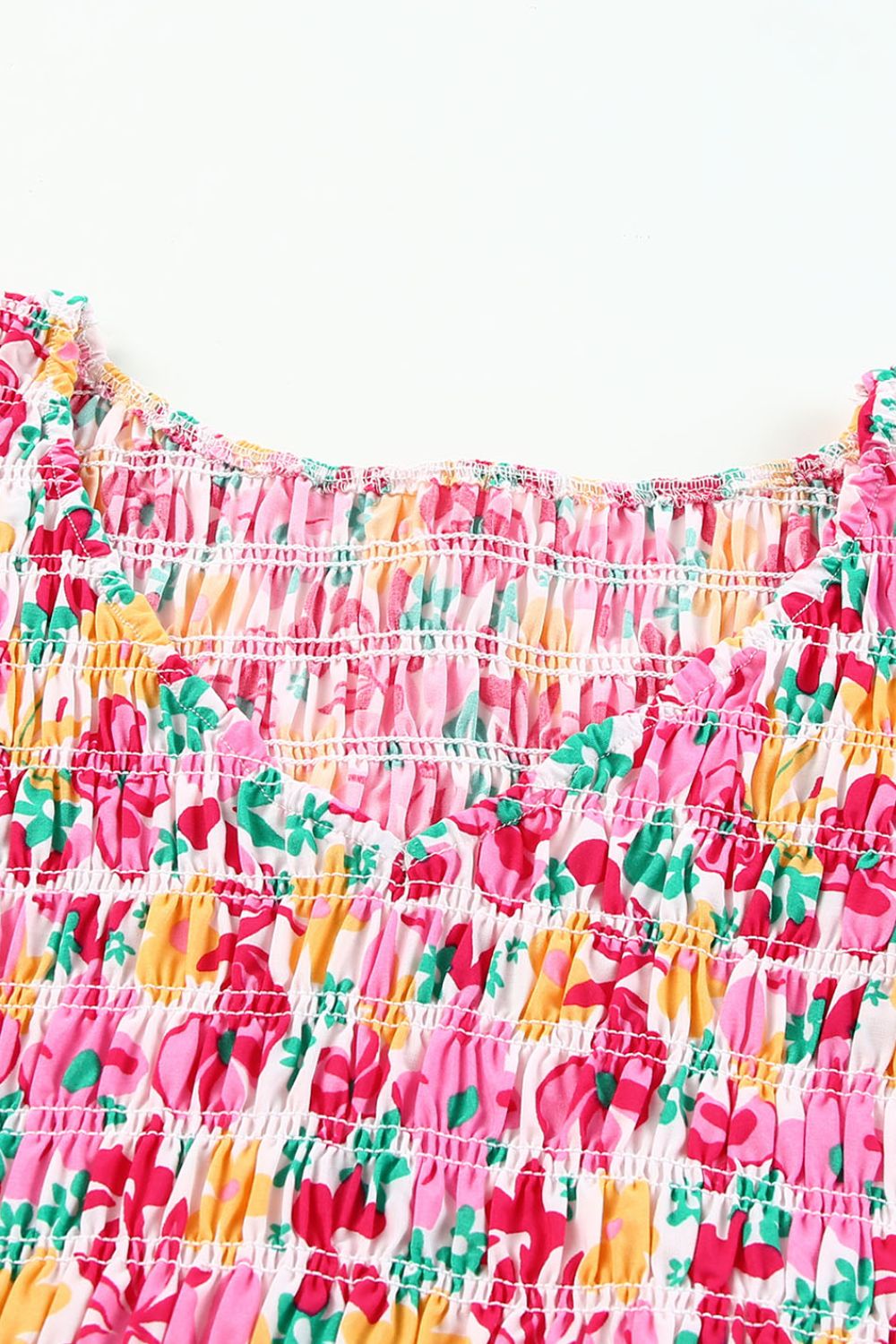 Smocked Floral V-Neck Ruffled Cap Sleeve Dress.