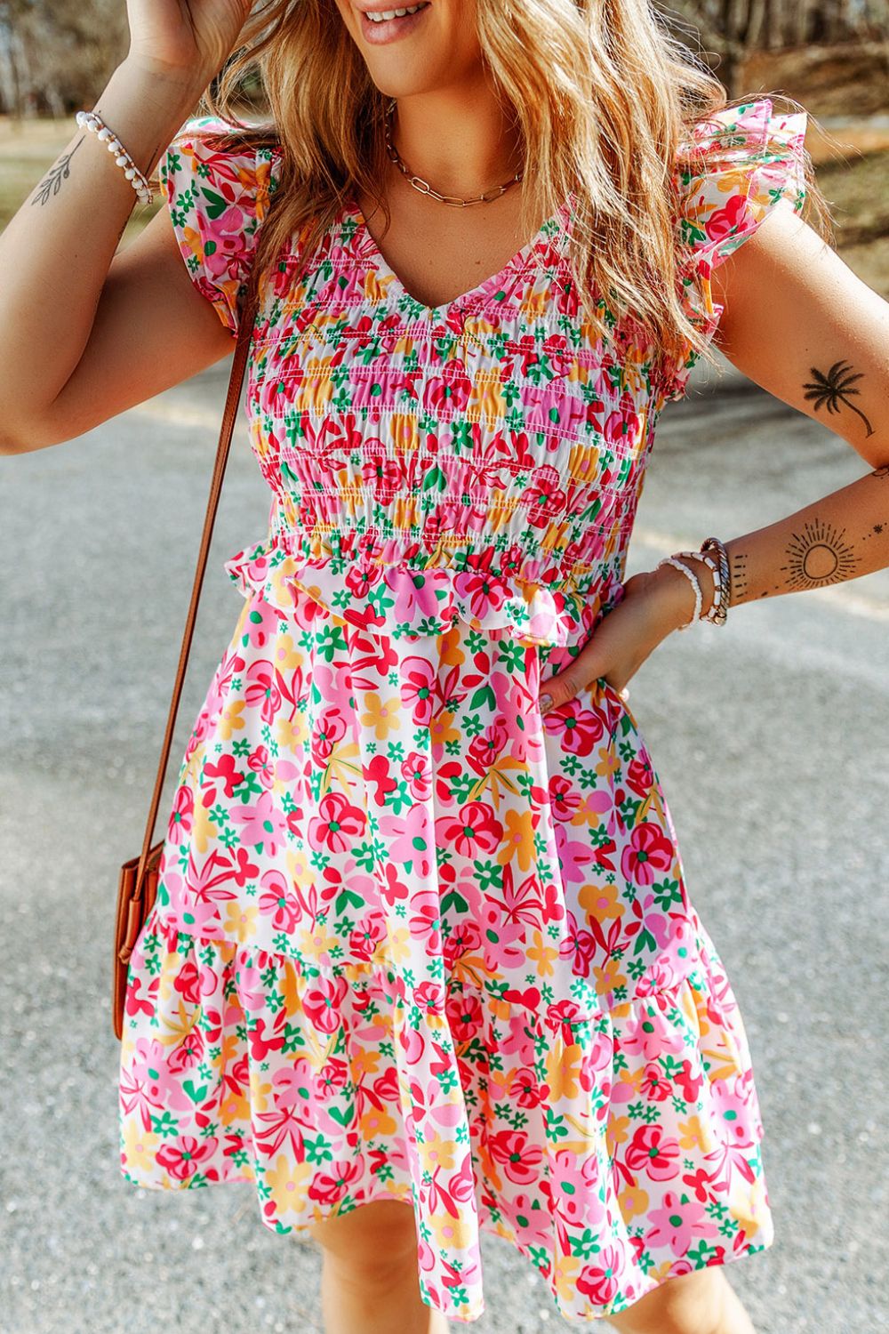 Smocked Floral V-Neck Ruffled Cap Sleeve Dress.