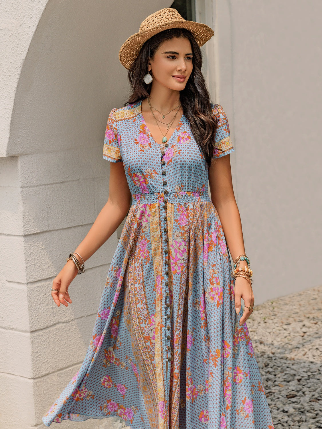 Smocked Floral V-Neck Short Sleeve Midi Dress.