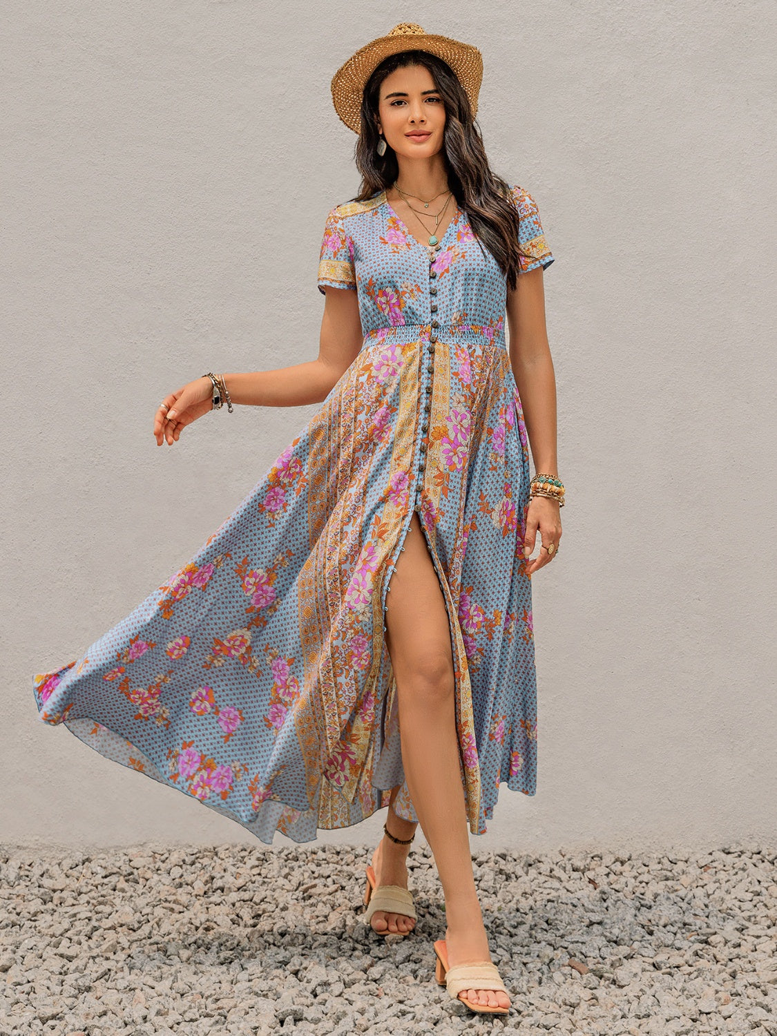 Smocked Floral V-Neck Short Sleeve Midi Dress.