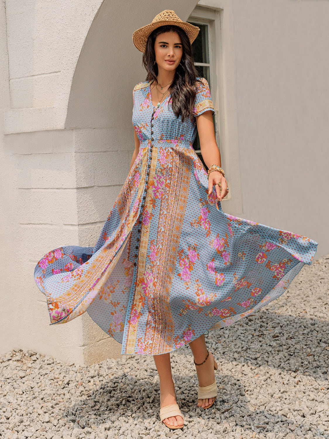 Smocked Floral V-Neck Short Sleeve Midi Dress.