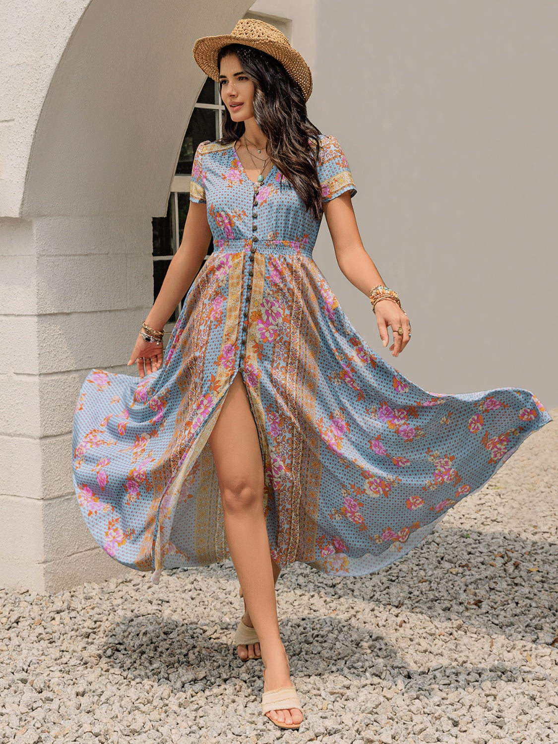 Smocked Floral V-Neck Short Sleeve Midi Dress.