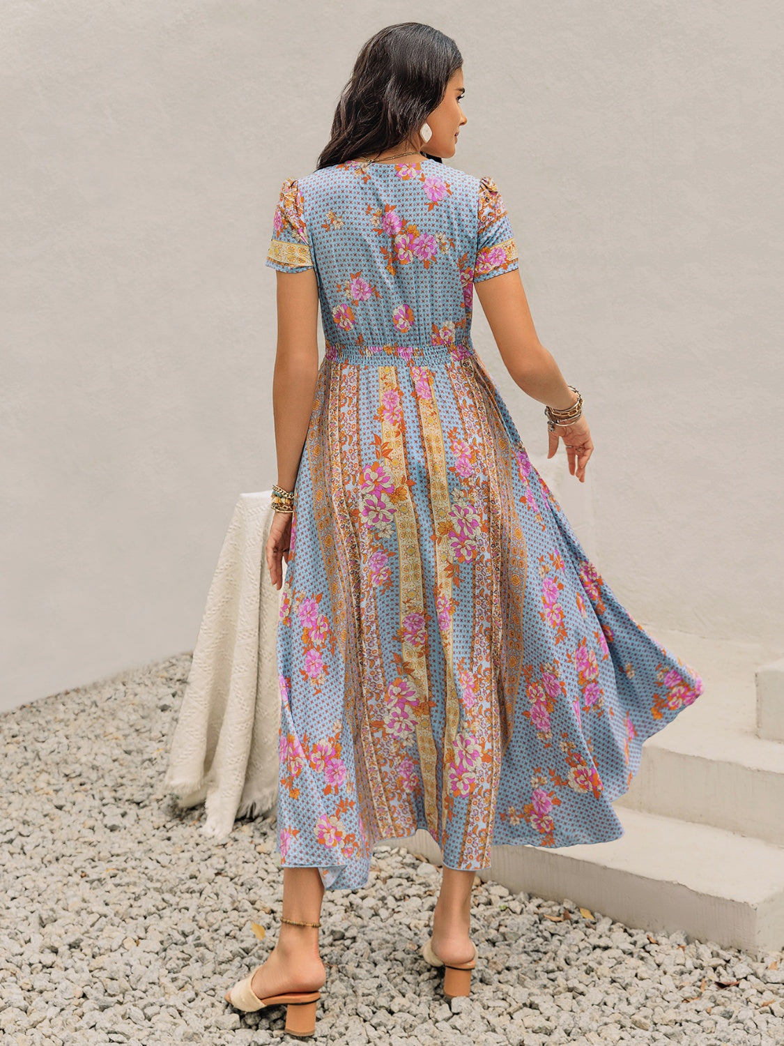 Smocked Floral V-Neck Short Sleeve Midi Dress.