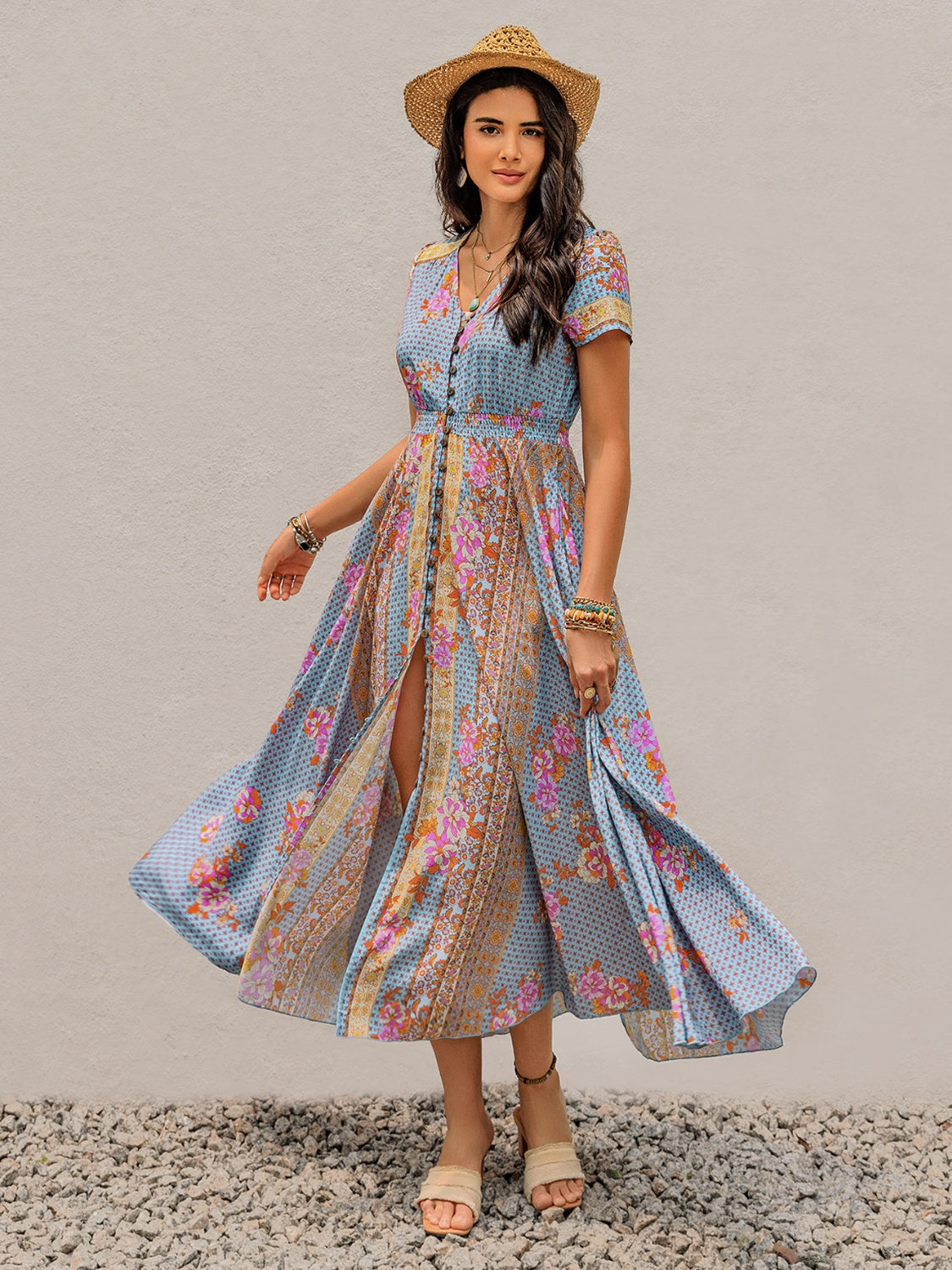 Smocked Floral V-Neck Short Sleeve Midi Dress.