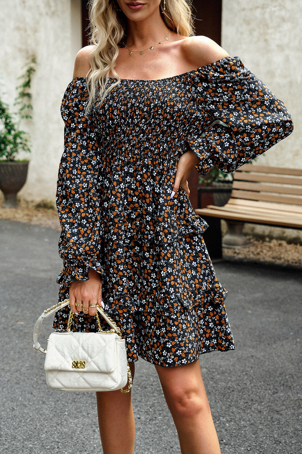 Devine Smocked Flounce Sleeve Ruffled Dress.