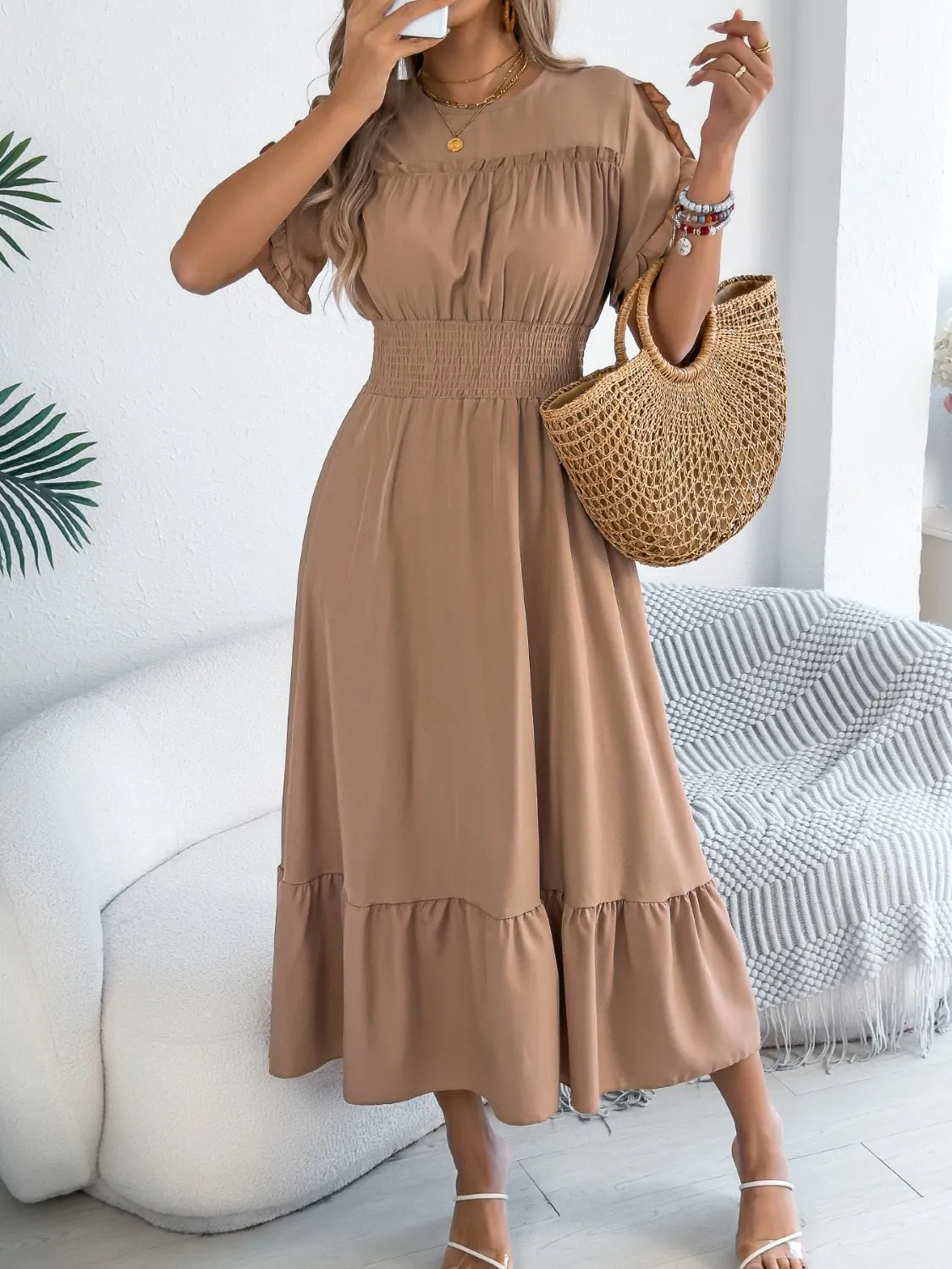 Smocked Frill Round Neck Midi Dress.
