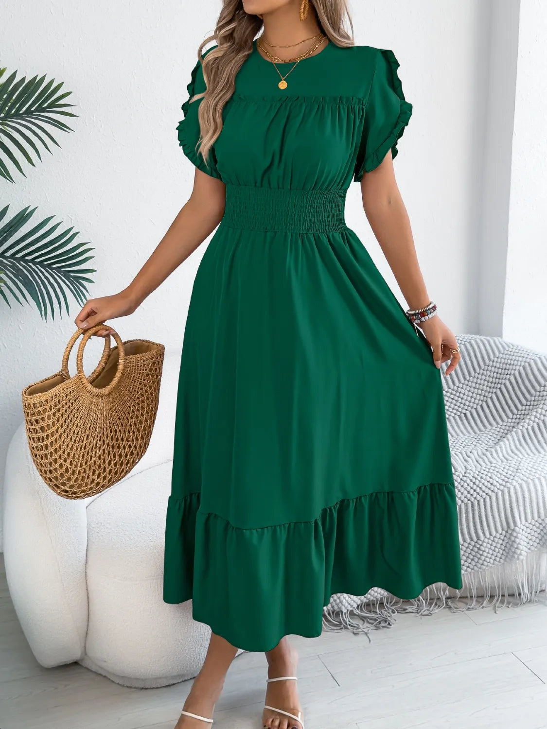 Smocked Frill Round Neck Midi Dress.