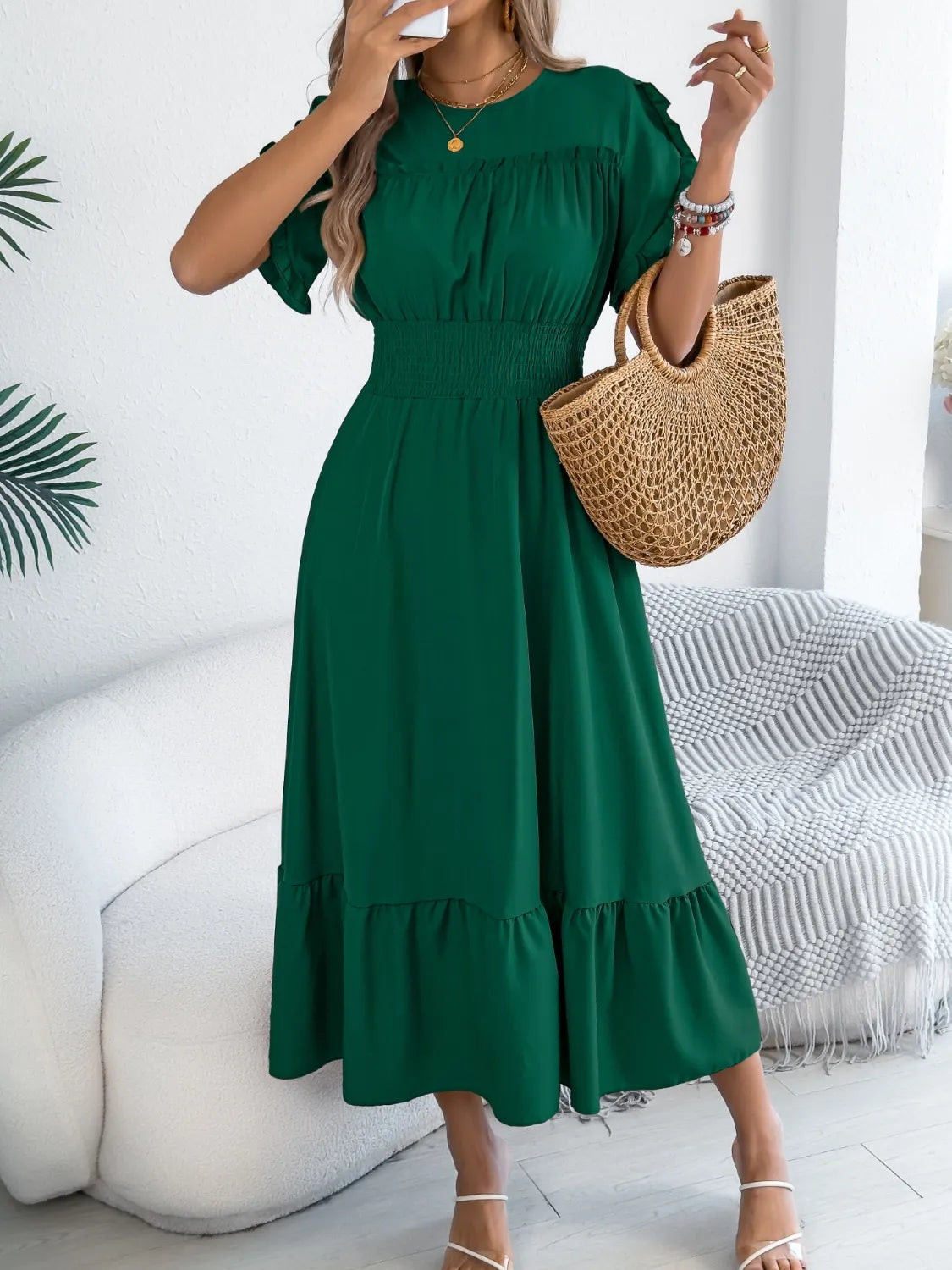 Smocked Frill Round Neck Midi Dress.