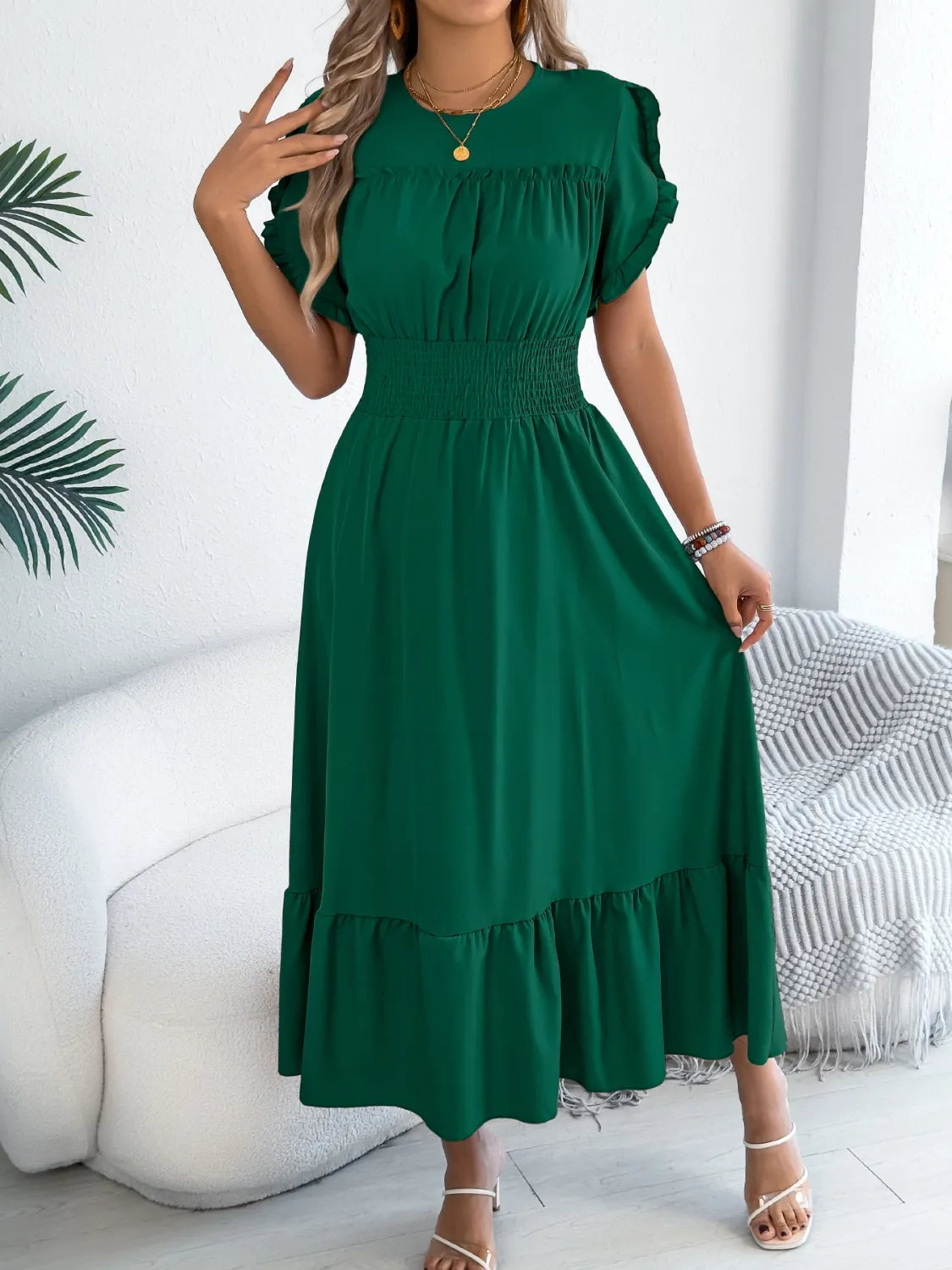Smocked Frill Round Neck Midi Dress.