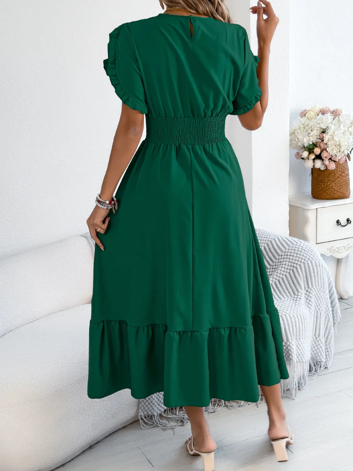 Smocked Frill Round Neck Midi Dress.