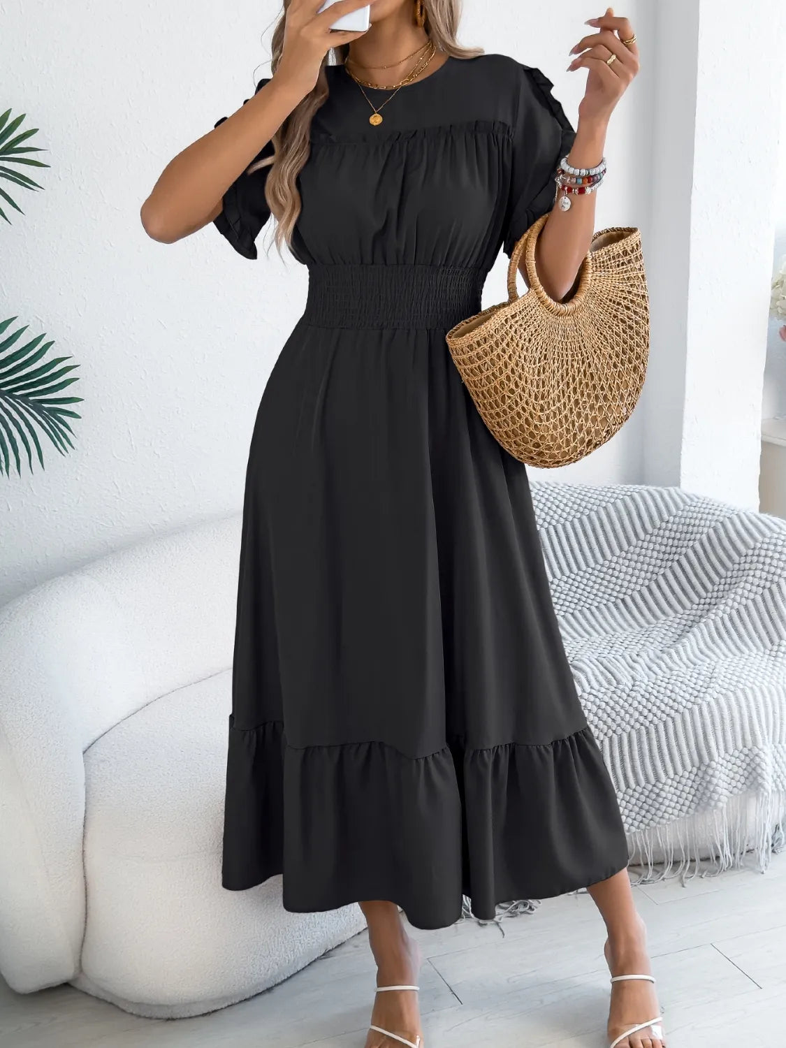 Smocked Frill Round Neck Midi Dress.