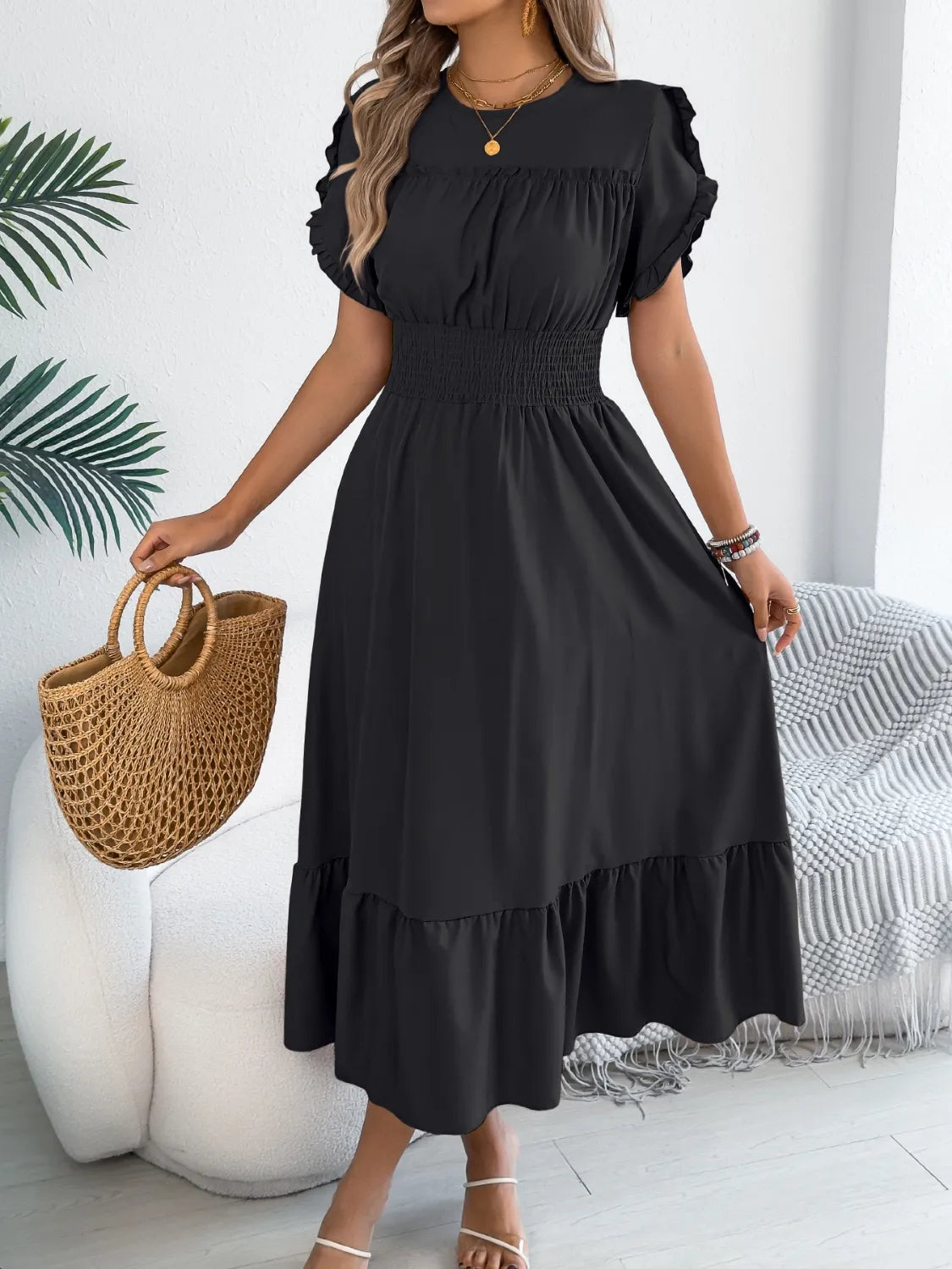 Smocked Frill Round Neck Midi Dress.