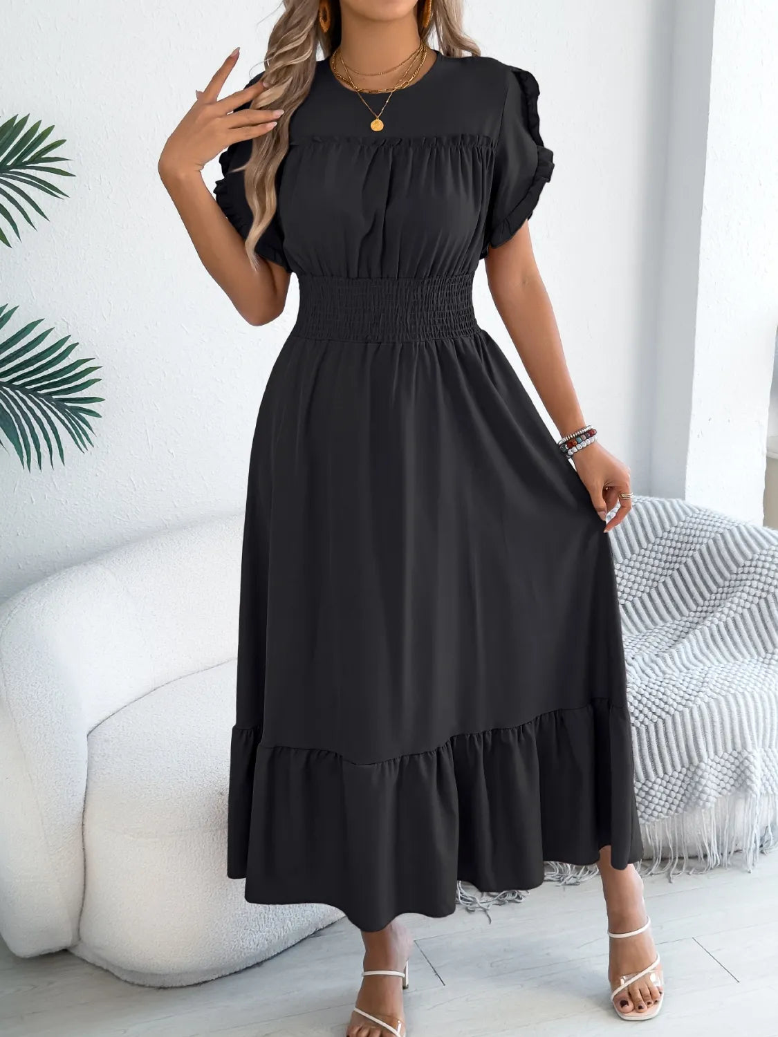 Smocked Frill Round Neck Midi Dress.