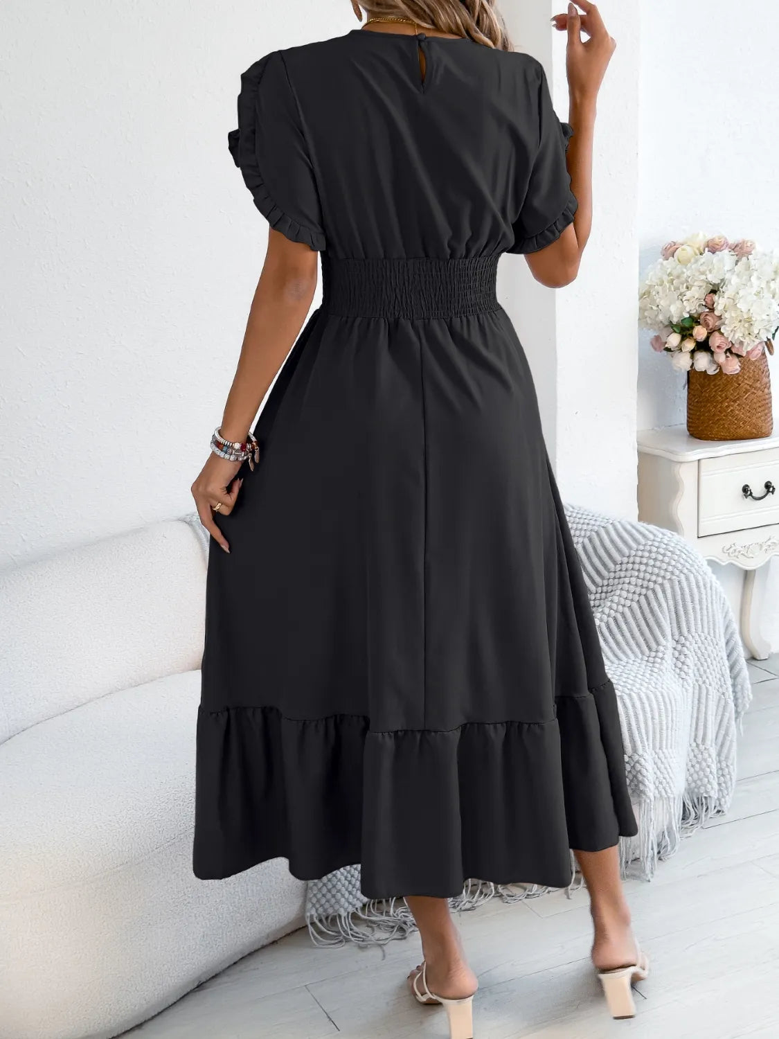 Smocked Frill Round Neck Midi Dress.