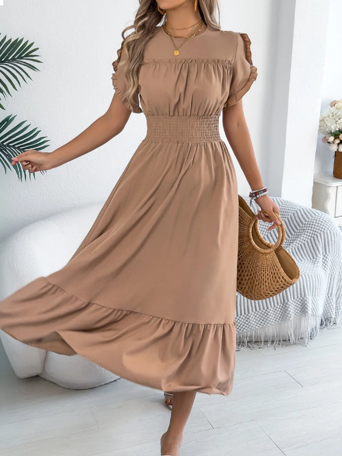 Smocked Frill Round Neck Midi Dress.