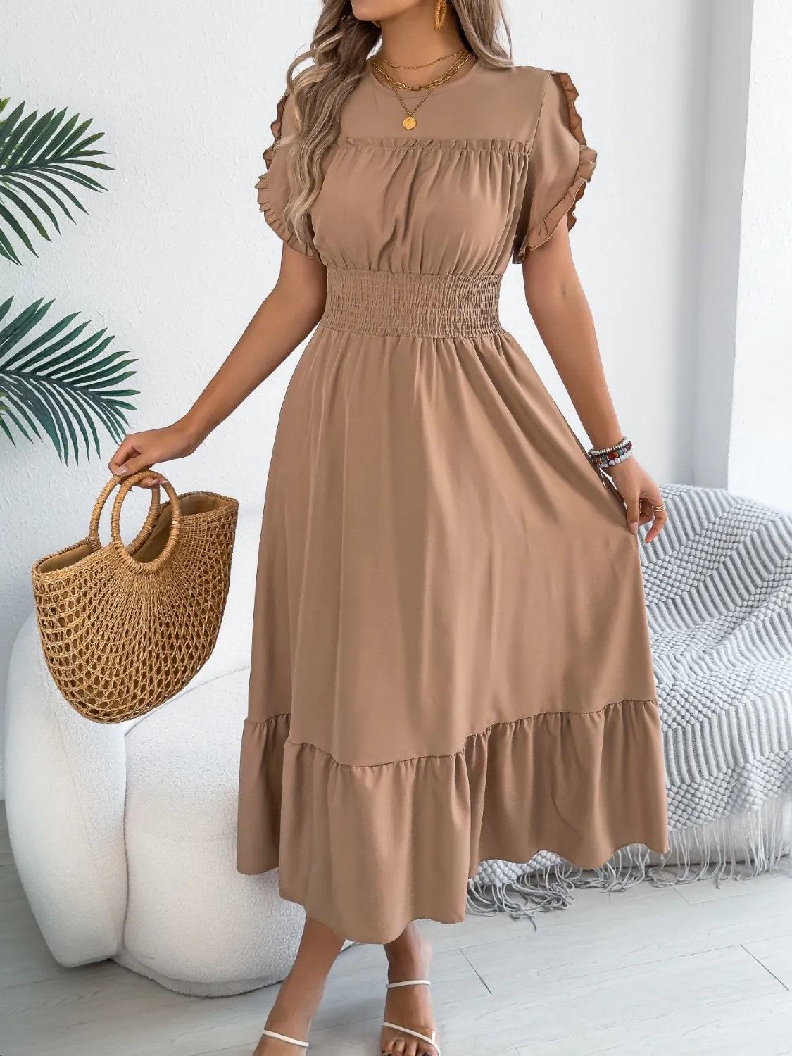 Smocked Frill Round Neck Midi Dress.