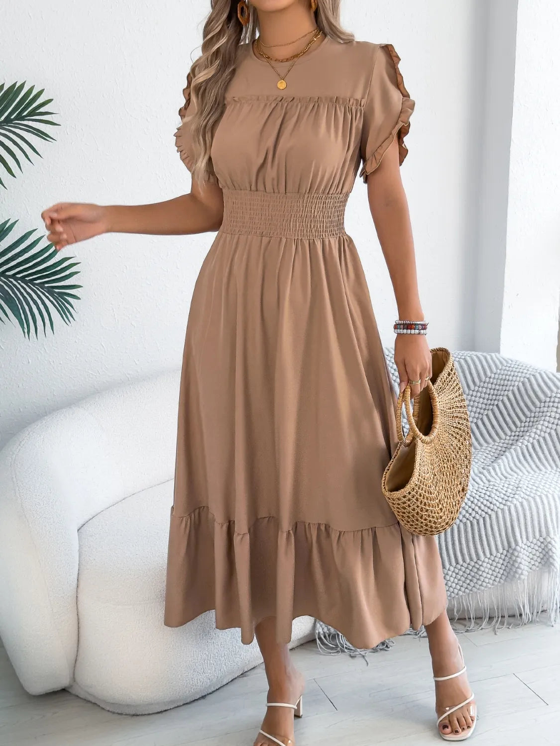 Smocked Frill Round Neck Midi Dress.