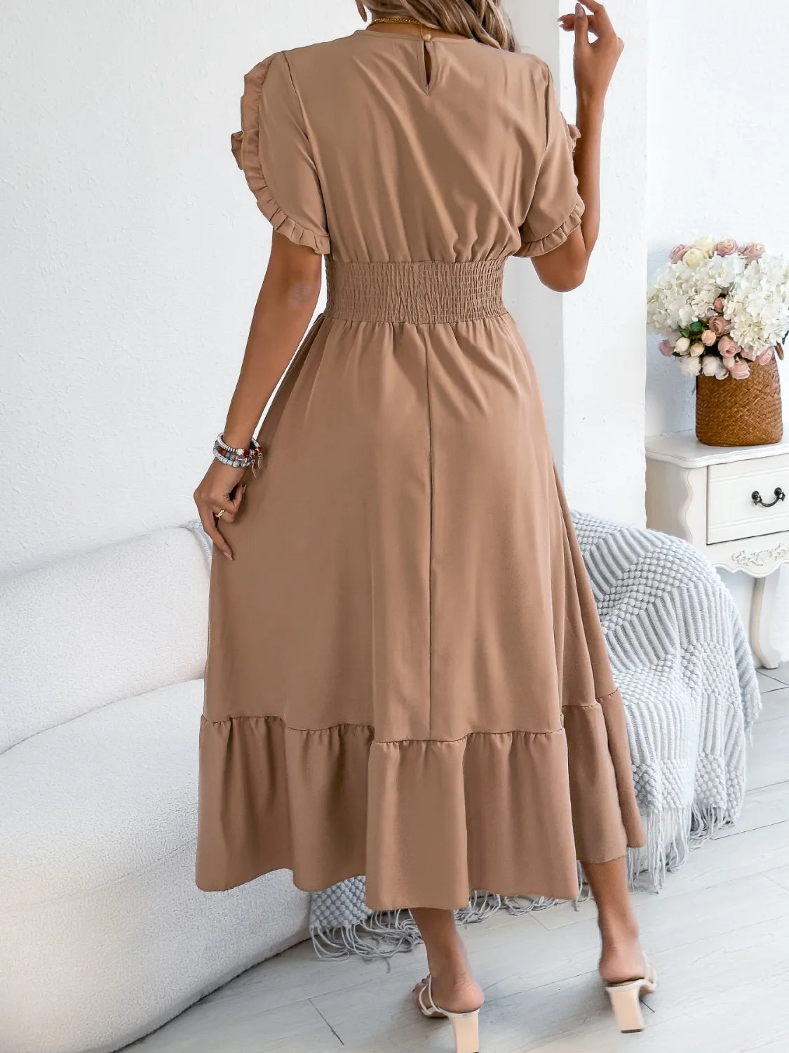 Smocked Frill Round Neck Midi Dress.