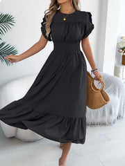 Smocked Frill Round Neck Midi Dress.