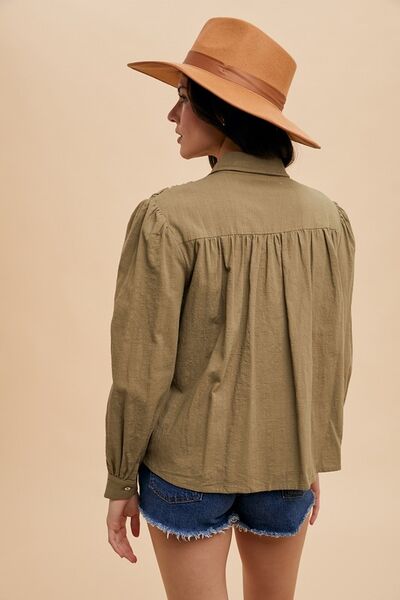 Annie Wear Smocked Front Long Sleeve Babydoll Blouse.