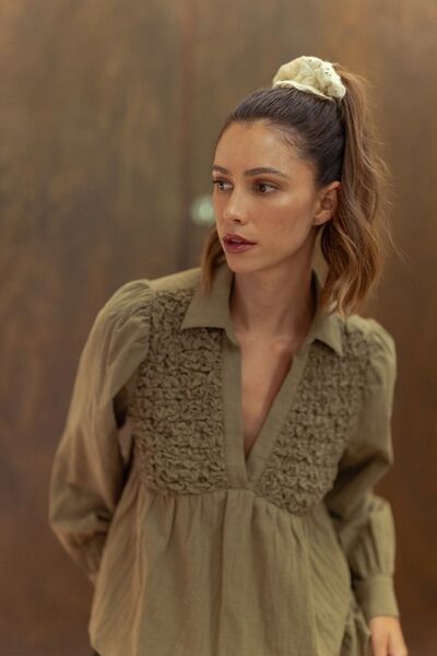 Annie Wear Smocked Front Long Sleeve Babydoll Blouse.