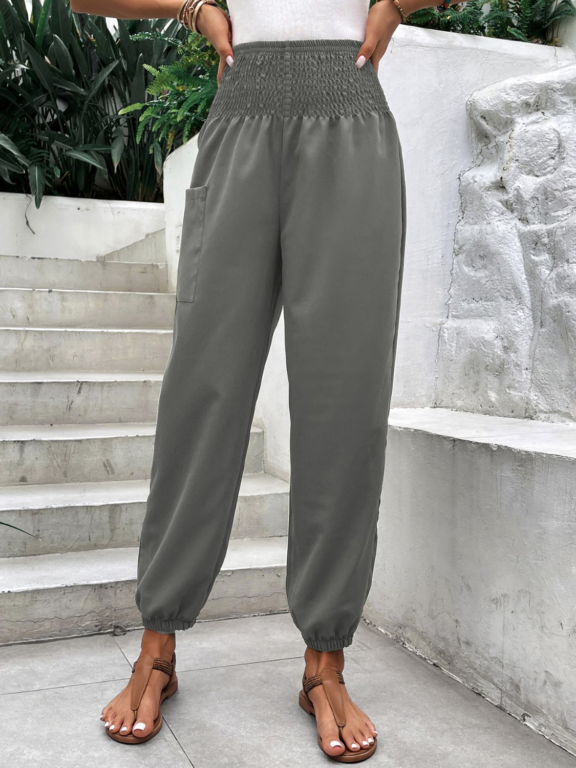 Smocked high rise joggers with pockets, opaque.