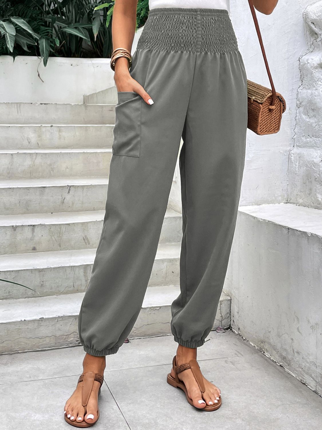 Smocked high rise joggers with pockets, opaque.