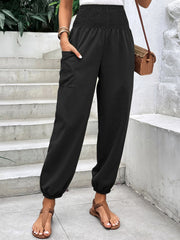 Smocked high rise joggers with pockets, opaque.