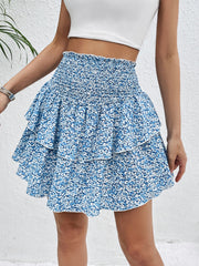 Perfee Smocked Layered Printed Mini Skirt.