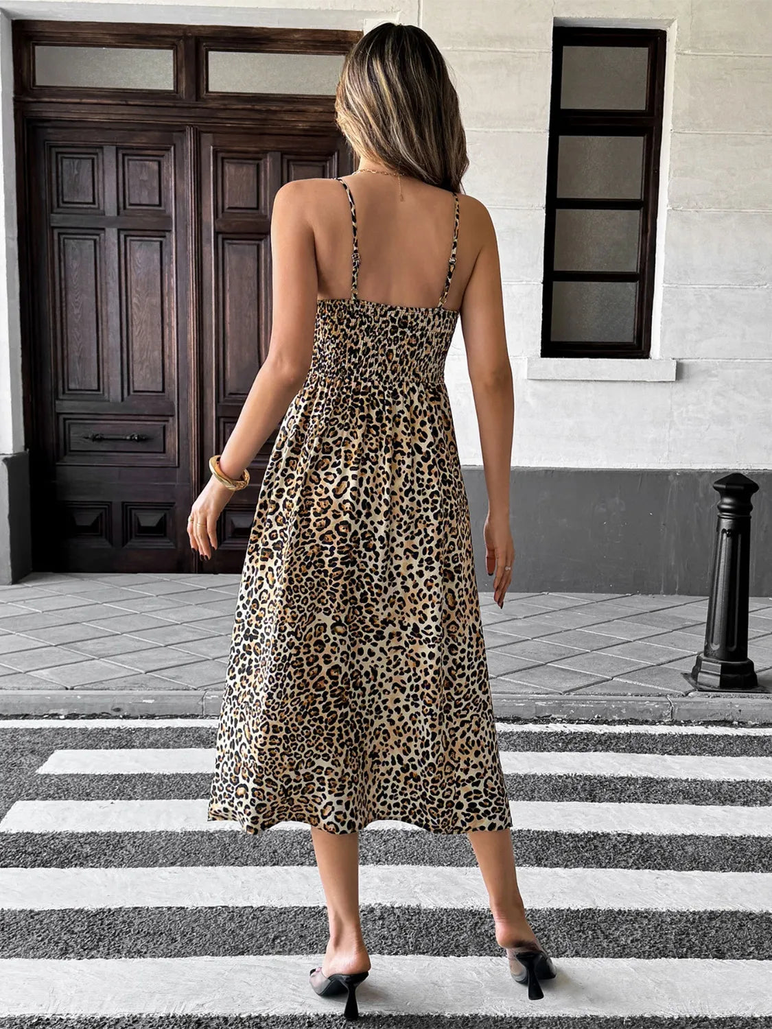 Smocked Leopard Midi Cami Dress.