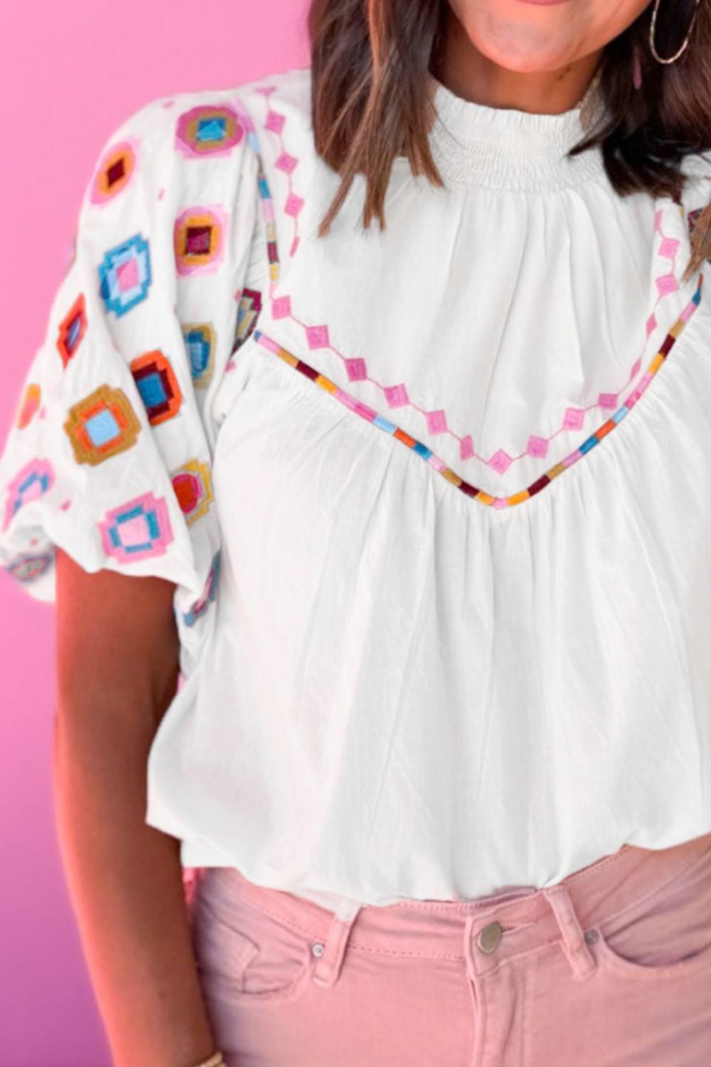 Smocked Neck Embroidered Puff Sleeve Top.
