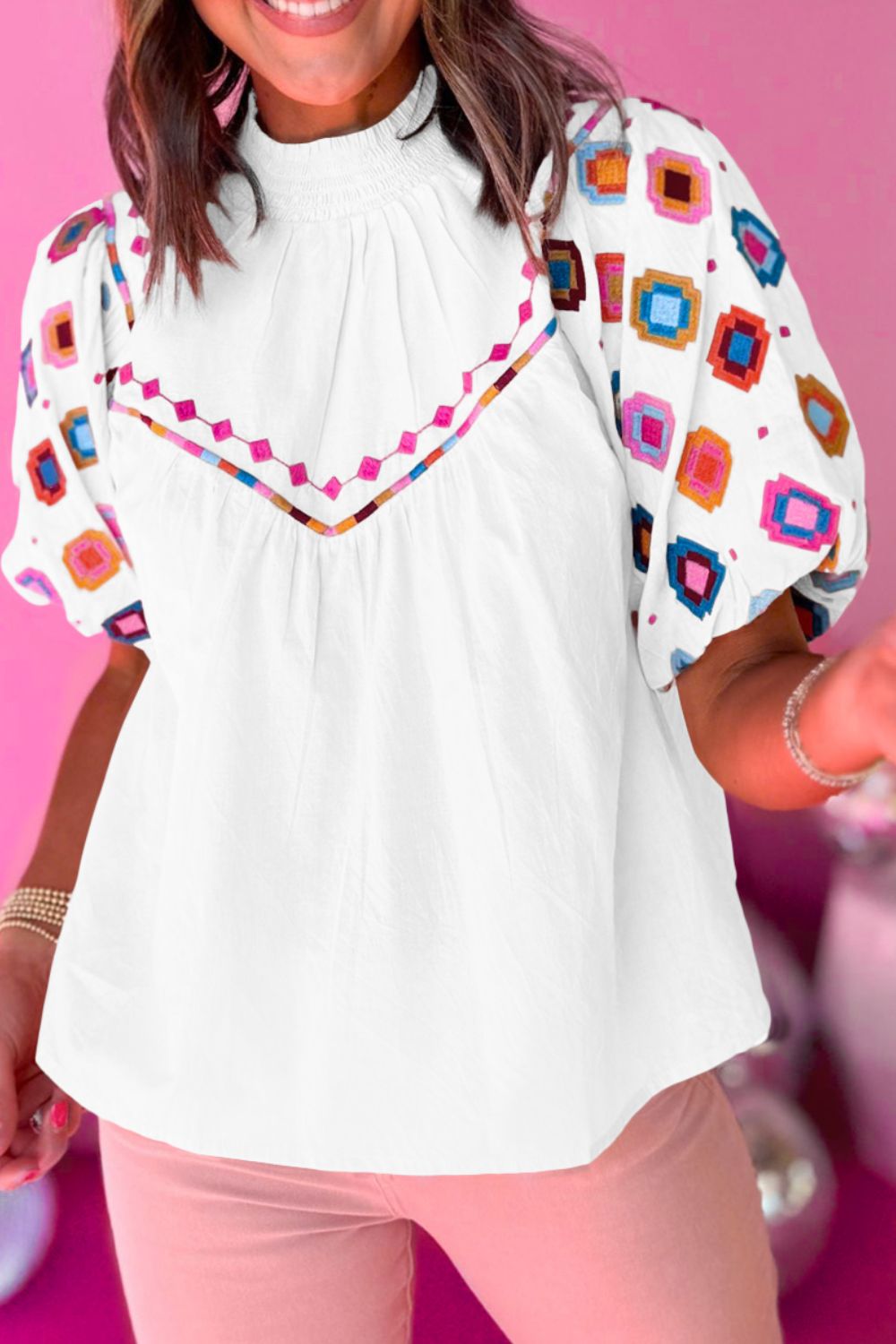 Smocked Neck Embroidered Puff Sleeve Top.