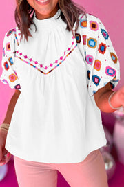 Smocked Neck Embroidered Puff Sleeve Top.