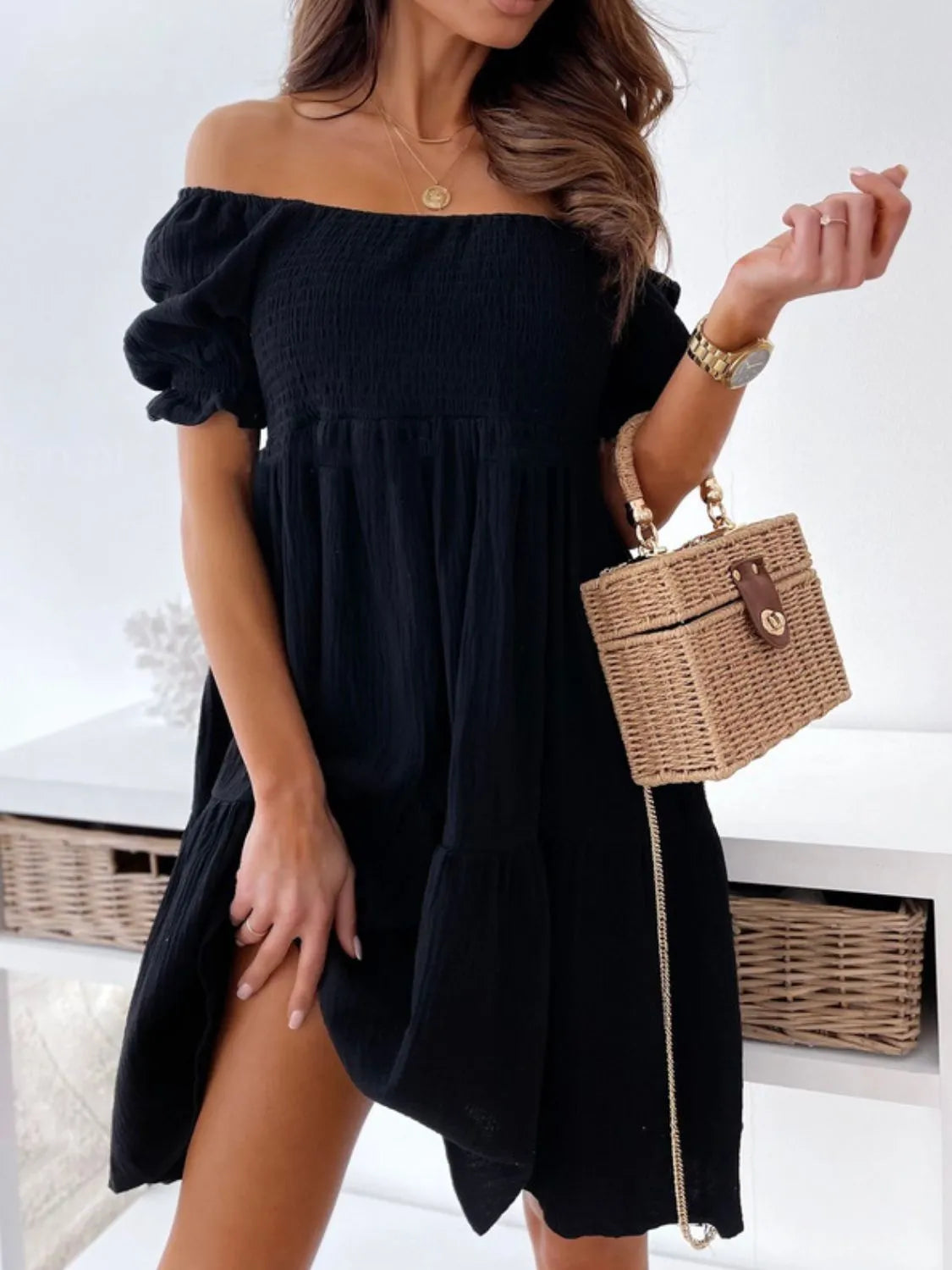 Floral Round Neck Short Sleeve Mini Dress.