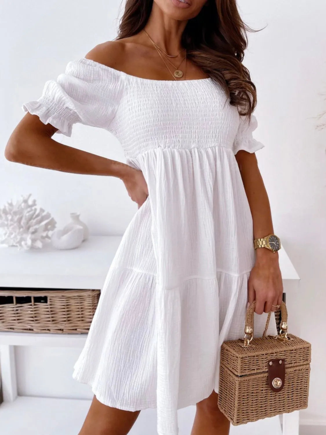 Floral Puff Short Sleeve Notched High Waist Dress.