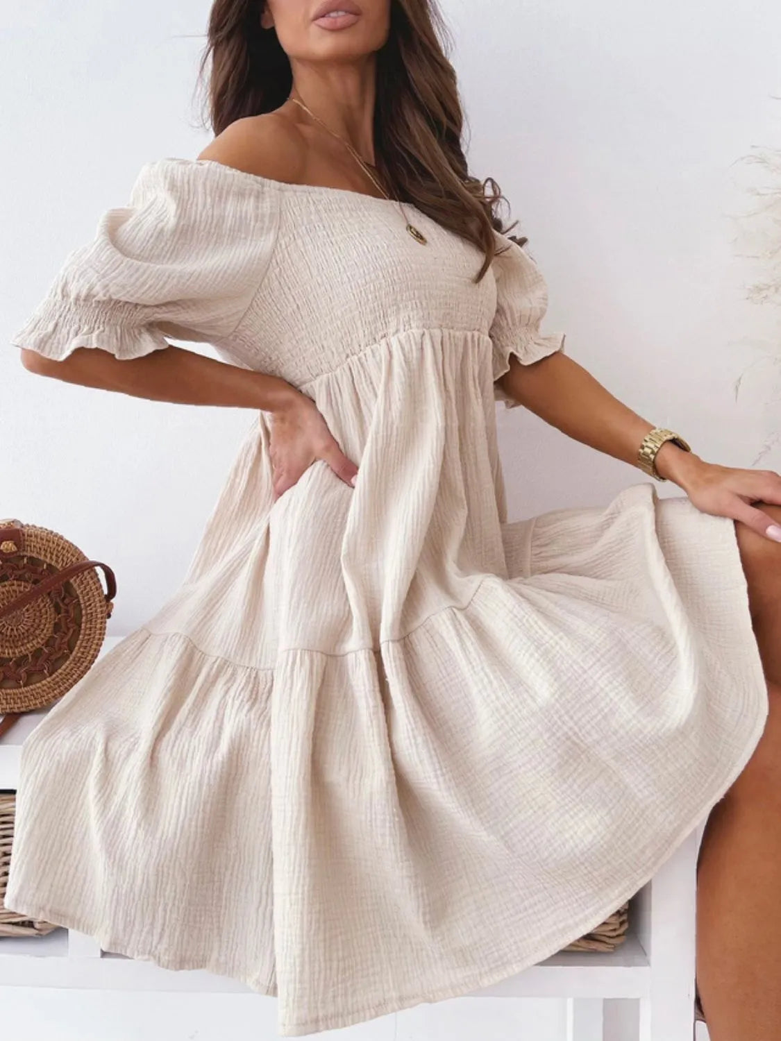 Floral Puff Sleeve Mini Dress with Pockets.
