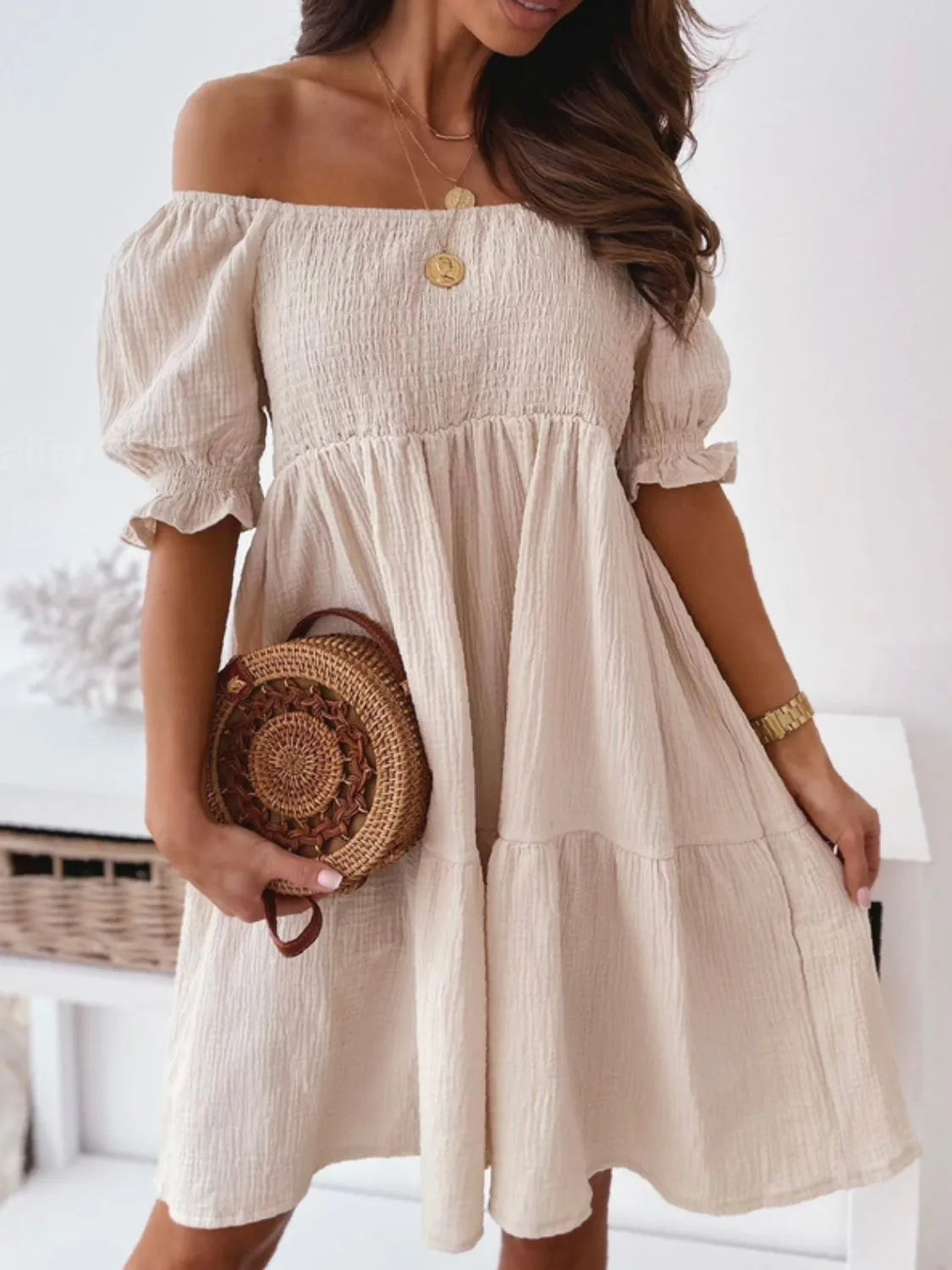 Floral Puff Sleeve Square Neck Knot Open Back Mini Dress.